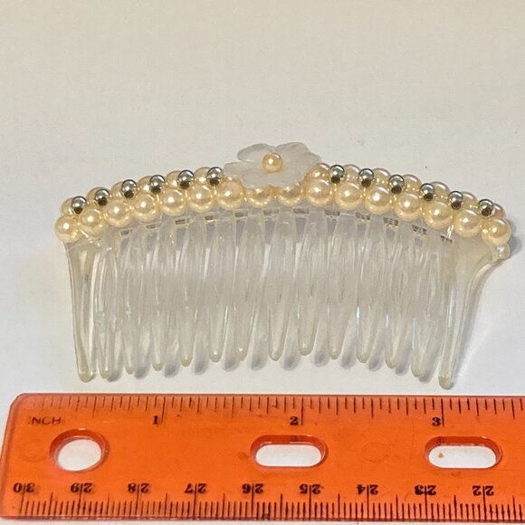 Vintage Cream White Pearl Beaded Flower Side Hair Comb 80s 90s Bridal Communion - Picture 10 of 11